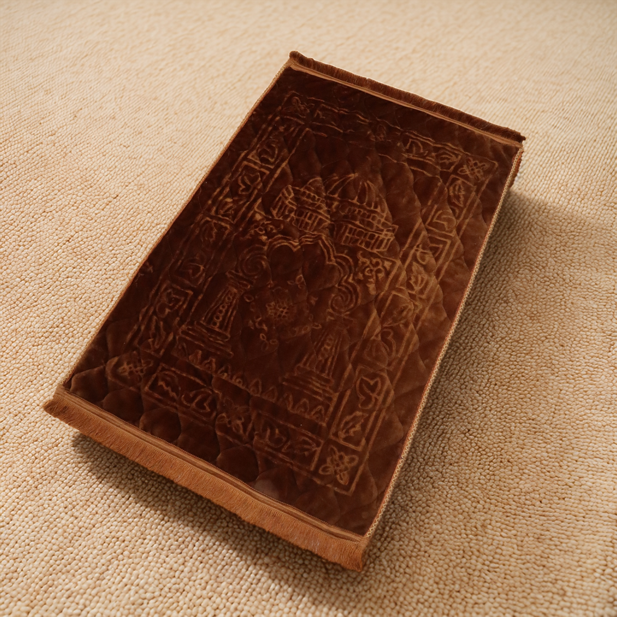 Mughal Janamaz Embossed Prayer Mat- Rust