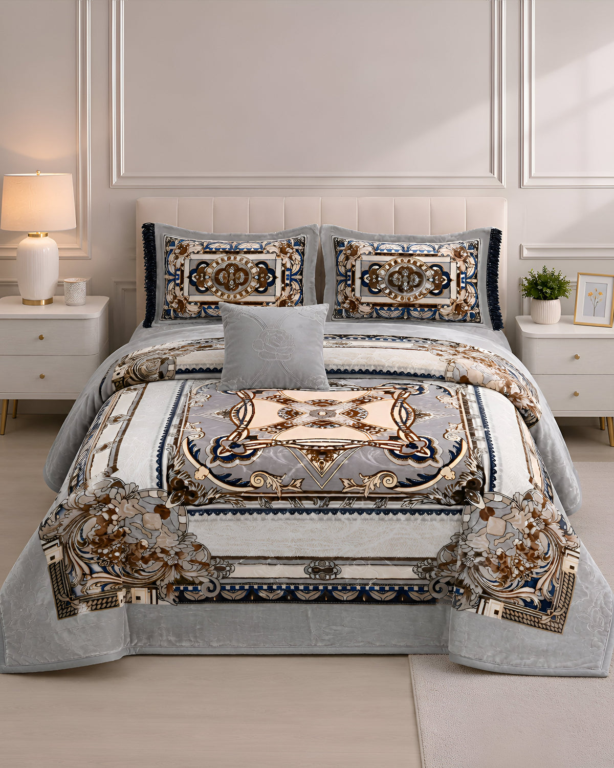 Arzoo Cloudy Bridal Bed Set 7 Pcs - Stone