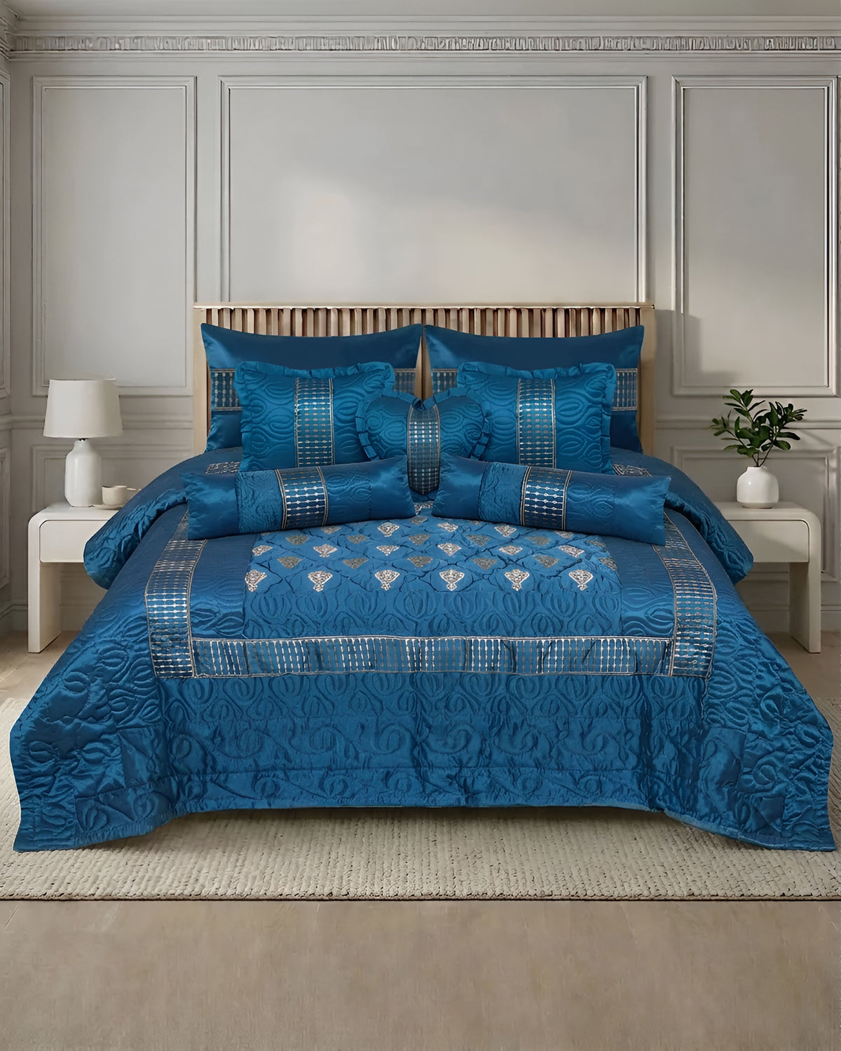Ruby Silk 9 Piece Embroidered Bed Set -Regal Tide