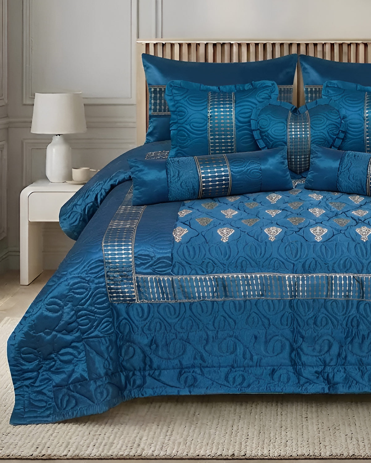 Ruby Silk 9 Piece Embroidered Bed Set -Regal Tide