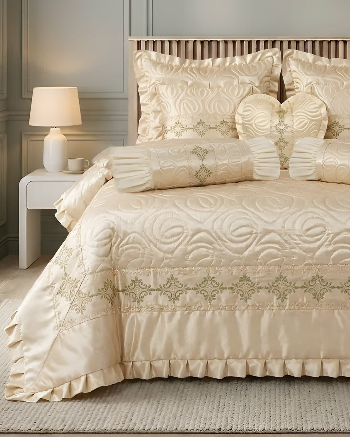 Ruby Silk 9 Piece Embroidered Bed Set - Silk Cream