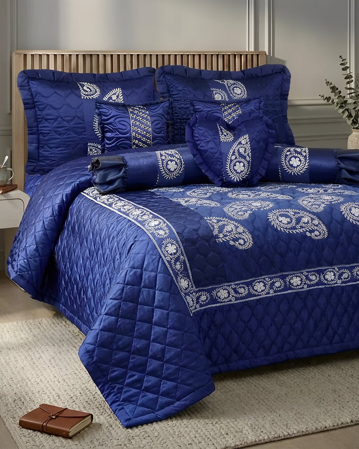 Ruby Silk 9 Piece Embroidered Bed Set - Deep Horizon