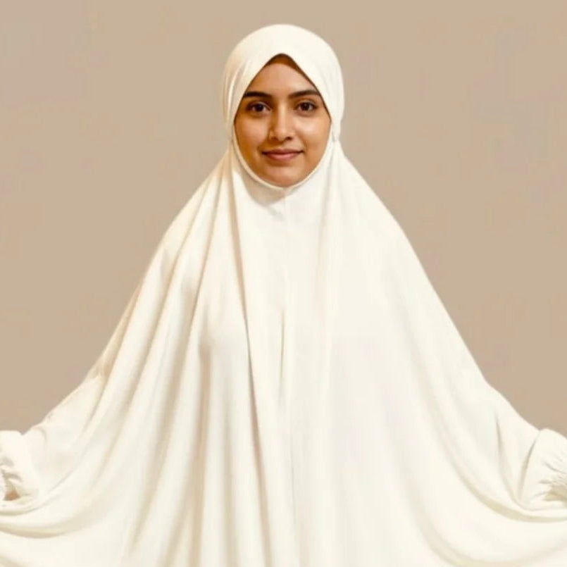 Premium Full Length Umrah & Namaz Chadar With Sleeves - Cream White (Imported Fabric)