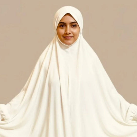Premium Full Length Umrah & Namaz Chadar With Sleeves - Cream White (Imported Fabric)