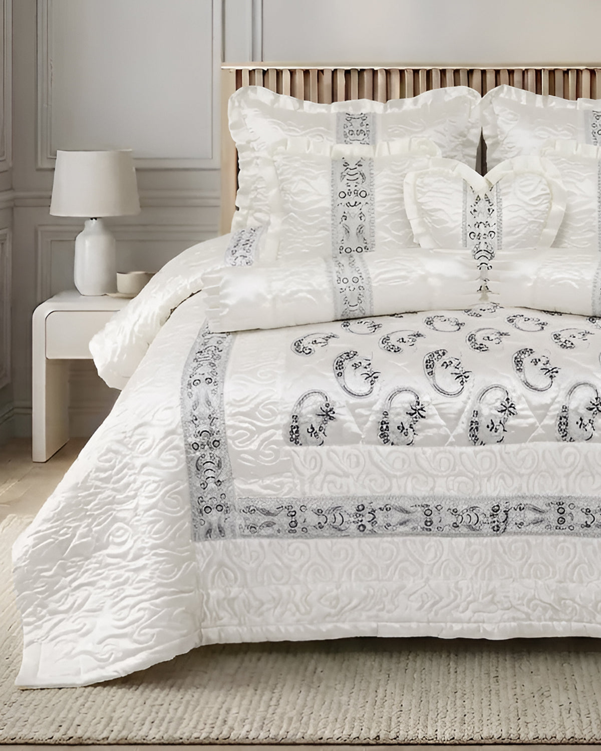 Ruby Silk 9 Piece Embroidered Bed Set - White Majesty