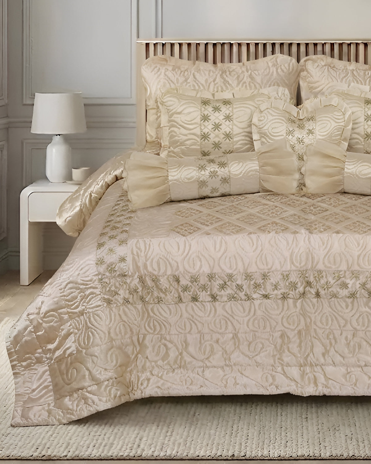 Ruby Silk 9 Piece Embroidered Bed Set -Pearl Majesty