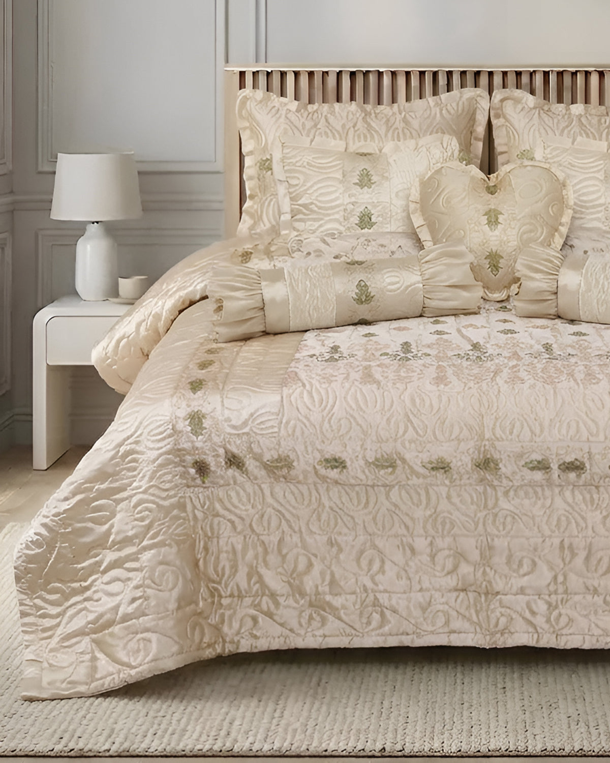 Ruby Silk 9 Piece Embroidered Bed Set -Cozy Pearl