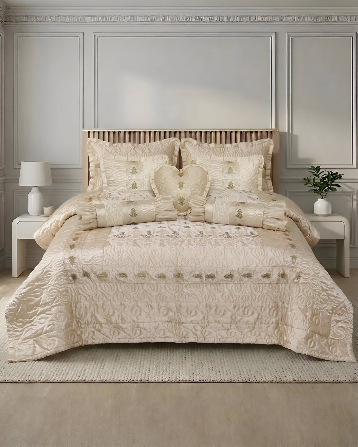Ruby Silk 9 Piece Embroidered Bed Set -Cozy Pearl