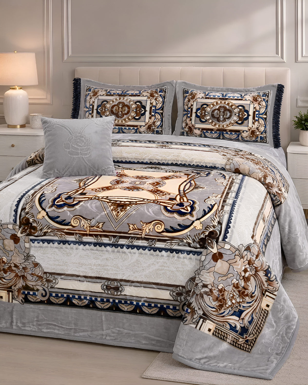 Arzoo Cloudy Bridal Bed Set 7 Pcs - Stone