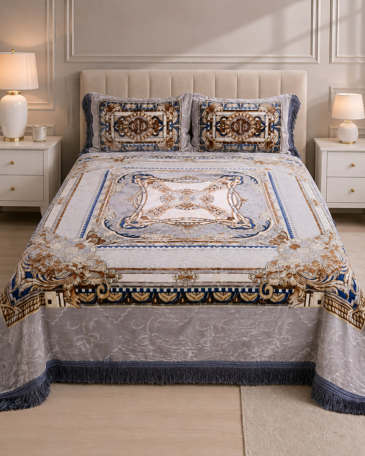 Arzoo Cloudy Bridal Bed Set 7 Pcs - Stone