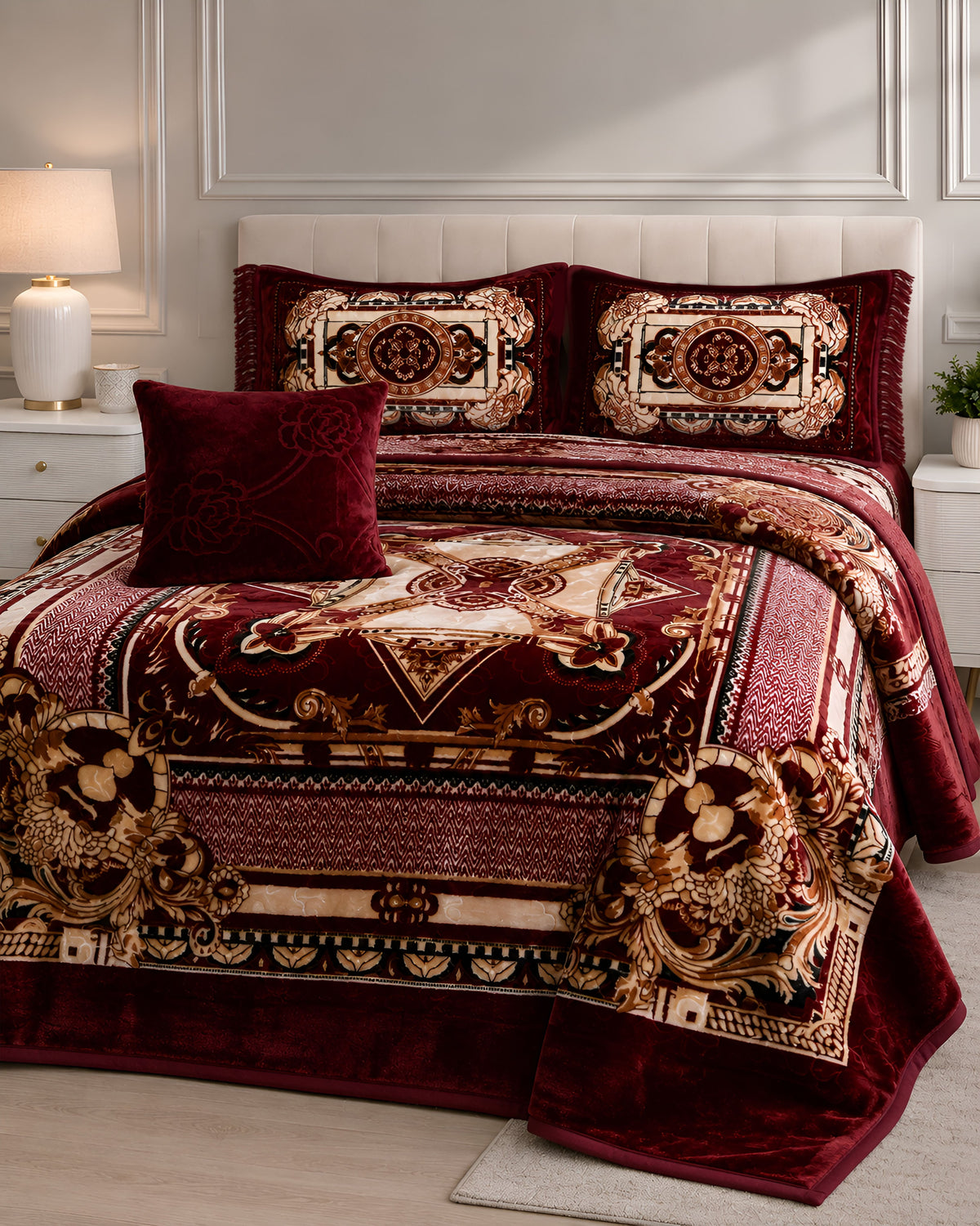 Arzoo Cloudy Bridal Bed Set 7 Pcs - Claret