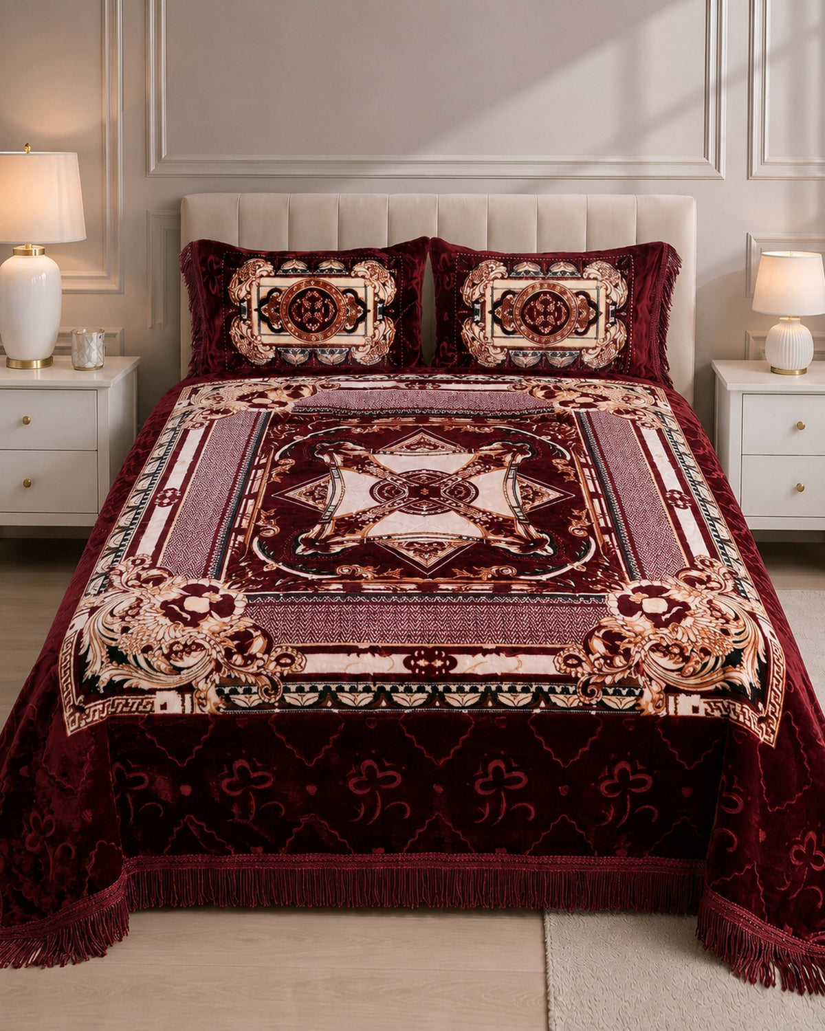 Arzoo Cloudy Bridal Bed Set 7 Pcs - Claret